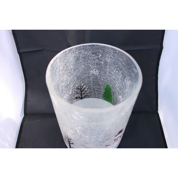 Clear Crackle Large Candle holder/Planter SNOWMAN COUPLE w/ Trees Hand painted - Picture 5 of 6